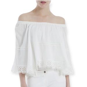 Max Studio White Off the Shoulder Eyelet Trapeze Cropped Top Blouse Size Small